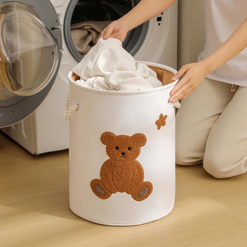 Inough Kids Laundry Basket Nursery Hamper Baby Laundry Basket Stuffed Animal Toys Storage Baskets for Toddler Room Decor, Dirty Clothes Hampers with Drawstring Closure for Bedroom/Living Room/Nursery, Bear - Image 2
