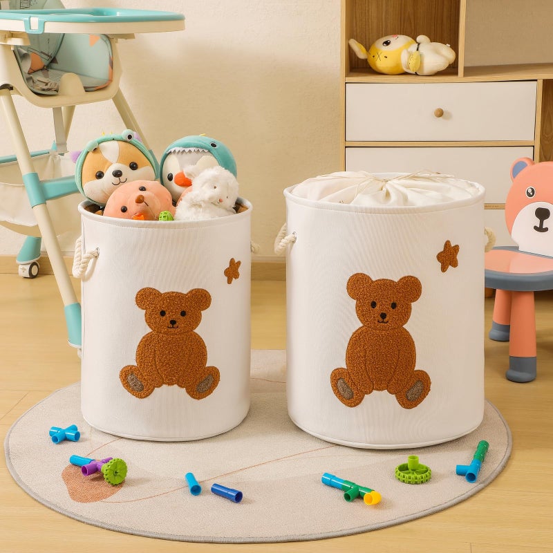 Inough Kids Laundry Basket Nursery Hamper Baby Laundry Basket Stuffed Animal Toys Storage Baskets for Toddler Room Decor, Dirty Clothes Hampers with Drawstring Closure for Bedroom/Living Room/Nursery, Bear - Image 3