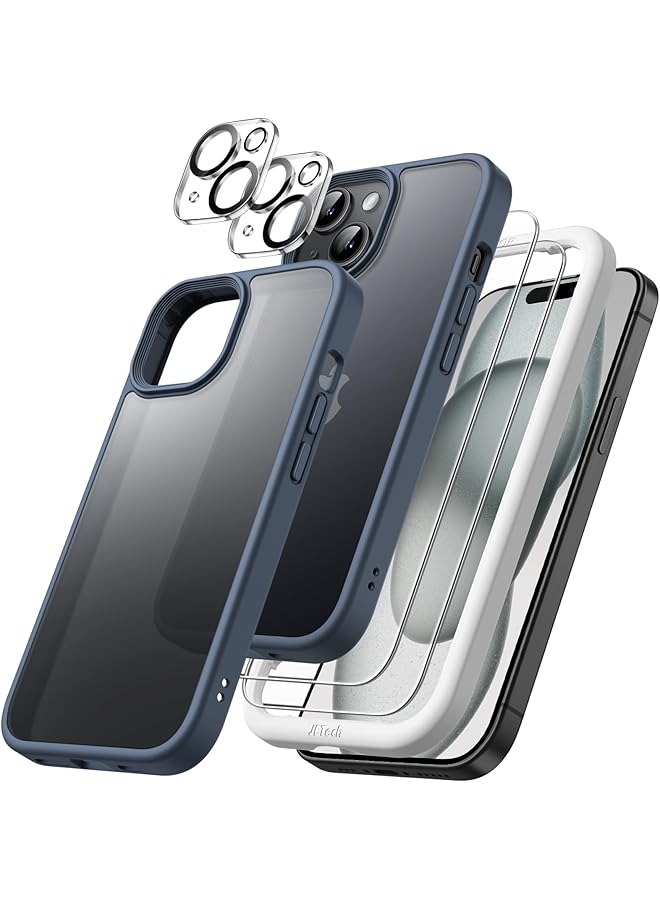 Jetech 5 In 1 Matte Case For Iphone 15 6.1 Inch With 2 Pack Each Tempered Glass Screen Protector And Camera Lens Protector Translucent Back Shockproof Phone Cover Storm Blue - Image 1