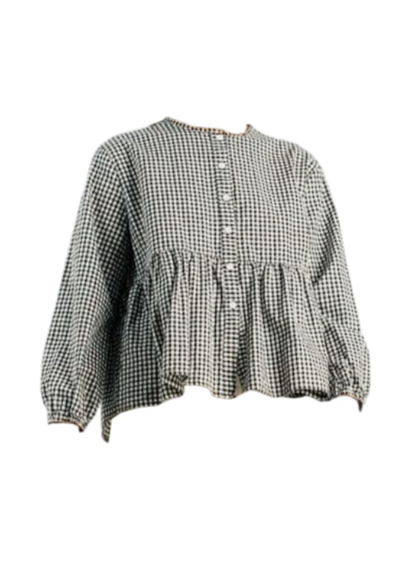 Women's Gingham Check Button-Front Blouse-Long Balloon Sleeves