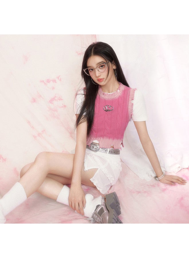 EPTISON Knitted Tank Top For Women - Summer Fashion With Distressed Hem, Washed Design, Cable Knit, Slim Fit, Pure Cotton Short Top - Image 2