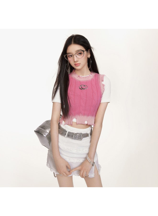 EPTISON Knitted Tank Top For Women - Summer Fashion With Distressed Hem, Washed Design, Cable Knit, Slim Fit, Pure Cotton Short Top - Image 3