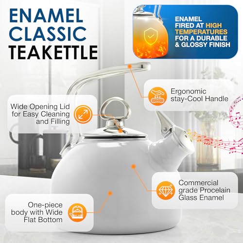 Chantal Classic Teakettle, 1.8 QT, Enamel On Steel, 2-Tone Harmonica Whistle, Rapid Boil and Even Heating (White) - Image 2