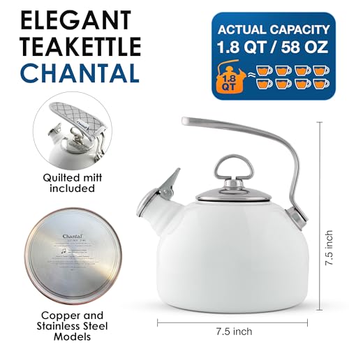 Chantal Classic Teakettle, 1.8 QT, Enamel On Steel, 2-Tone Harmonica Whistle, Rapid Boil and Even Heating (White) - Image 5