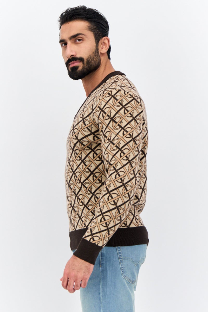 GANT Men V Neck All Over Printed Sweater, Brown/Beige - Image 2