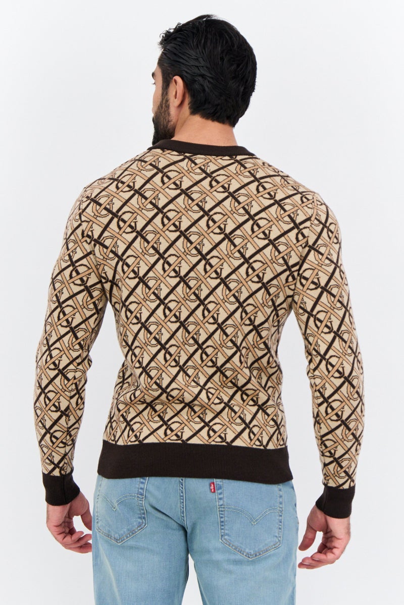 GANT Men V Neck All Over Printed Sweater, Brown/Beige - Image 3