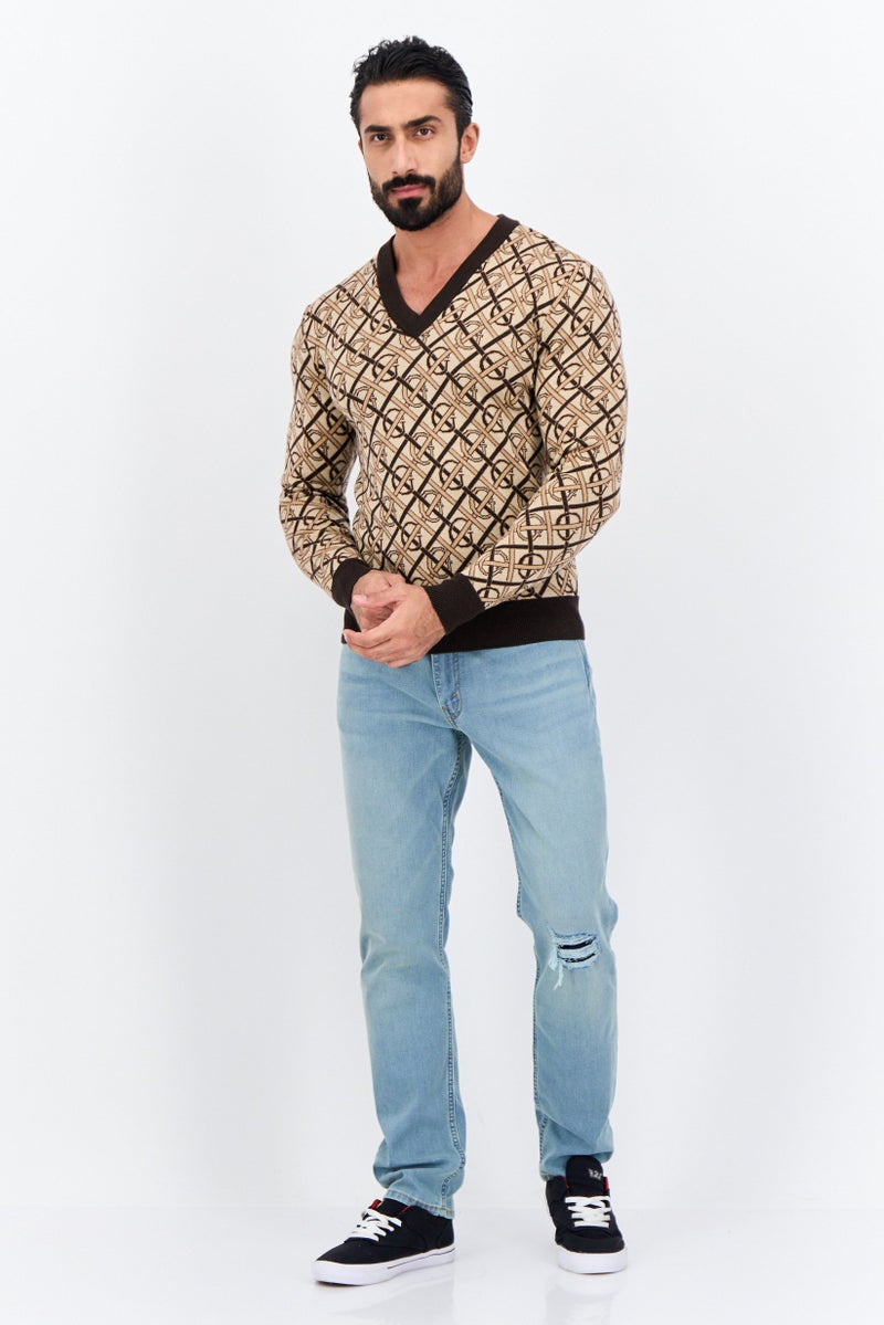 GANT Men V Neck All Over Printed Sweater, Brown/Beige - Image 4