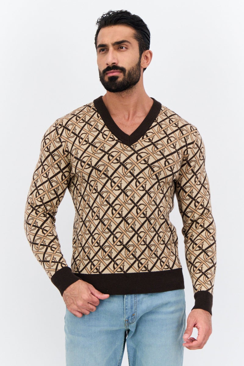 GANT Men V Neck All Over Printed Sweater, Brown/Beige - Image 1