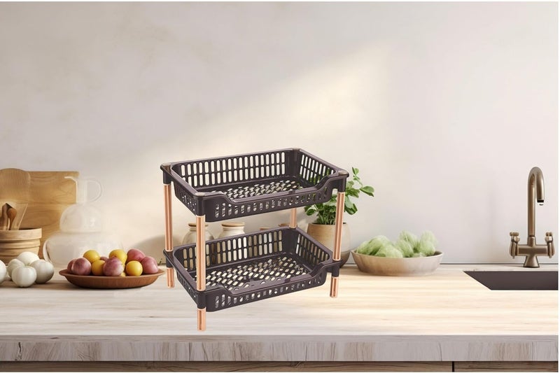 YUIOP Luxor Multi Tier Multipurpose Rack Durable Plastic for KitchenOffice Organizer Storage Shelf Standing Wall Hanging Rack Brown 2 Tier - Image 2