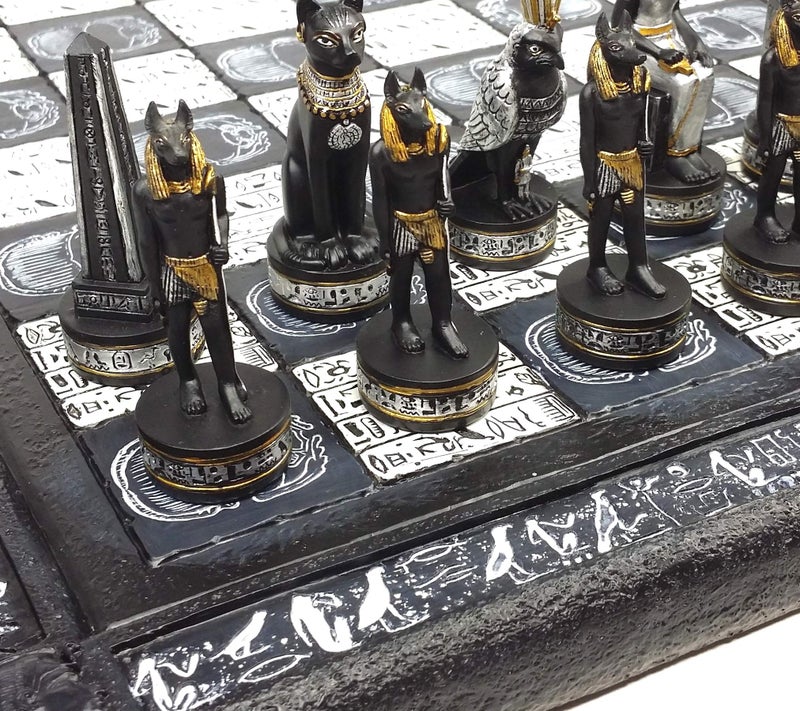 HPL Egyptian Anubis Chess Set Black Silver and Gold Men with 16 Hieroglyphic Board - Image 3