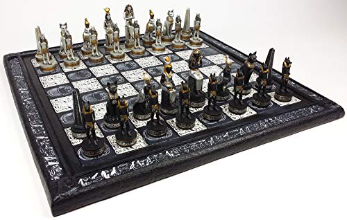 HPL Egyptian Anubis Chess Set Black Silver and Gold Men with 16 Hieroglyphic Board - Image 5