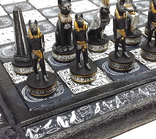 HPL Egyptian Anubis Chess Set Black Silver and Gold Men with 16 Hieroglyphic Board - Image 1