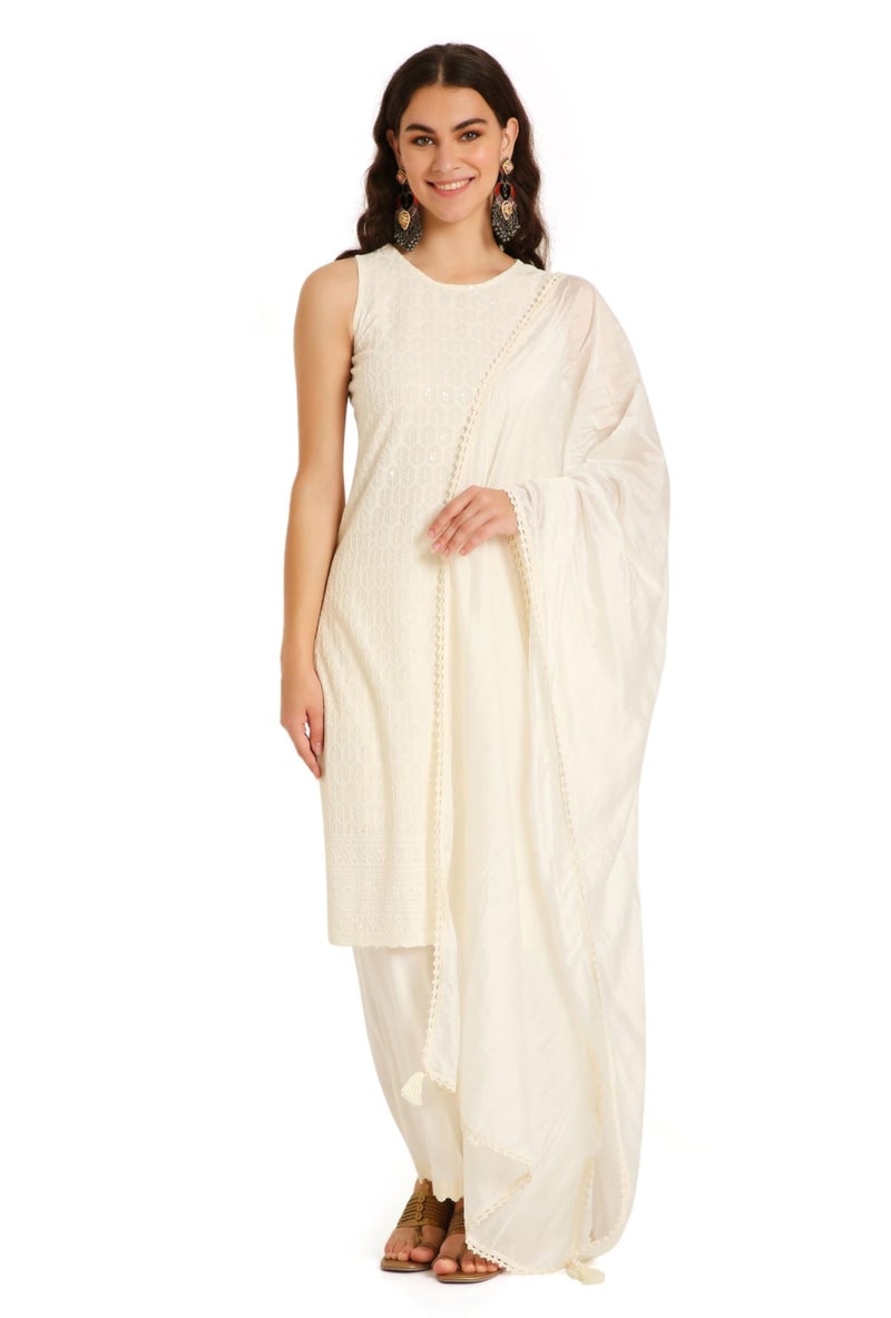 SHOPPING QUEEN Women's Rayon Chikankari Kurta Set with Dupatta (A520_Pearl Cream_M) - Image 1