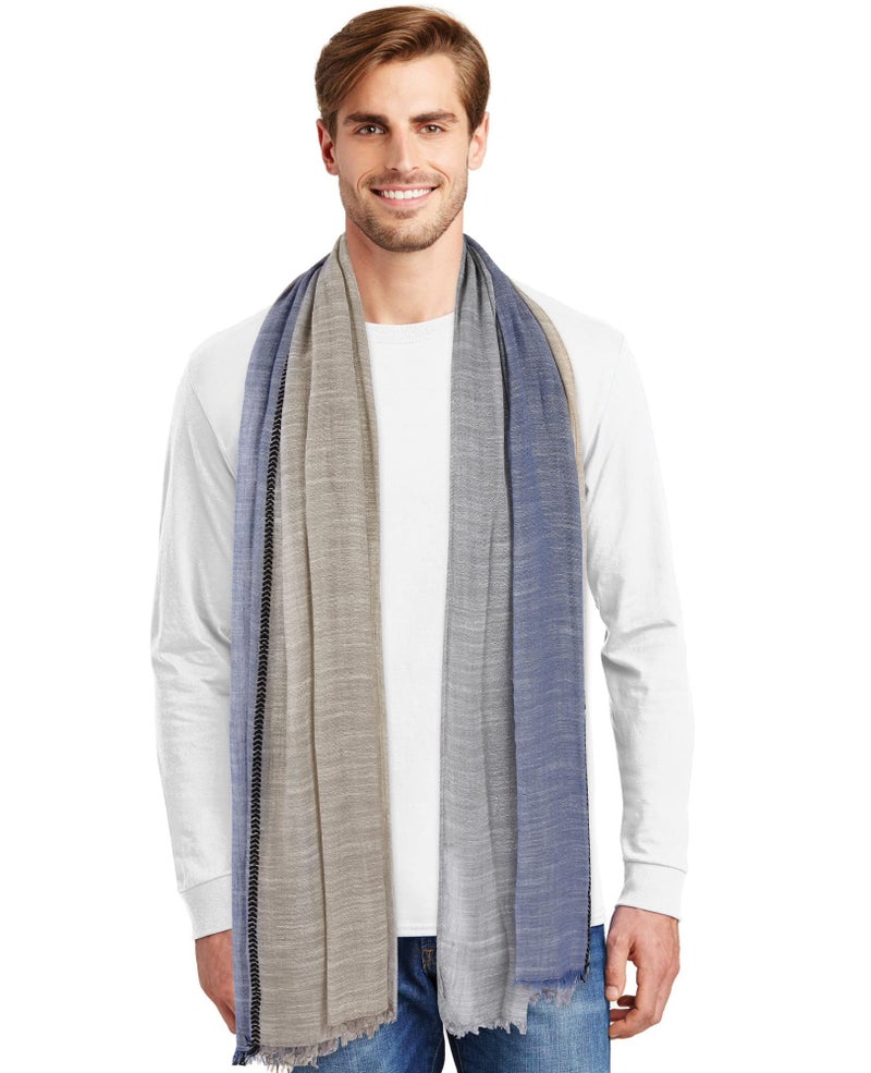 GERINLY Color Block Fall Scarf for Men Long Neck Wraps Shawl Urbanstyle Scarf Gift for Men Cotton Linen Scarves Gauze (Gray Blue Khaki) - Image 2