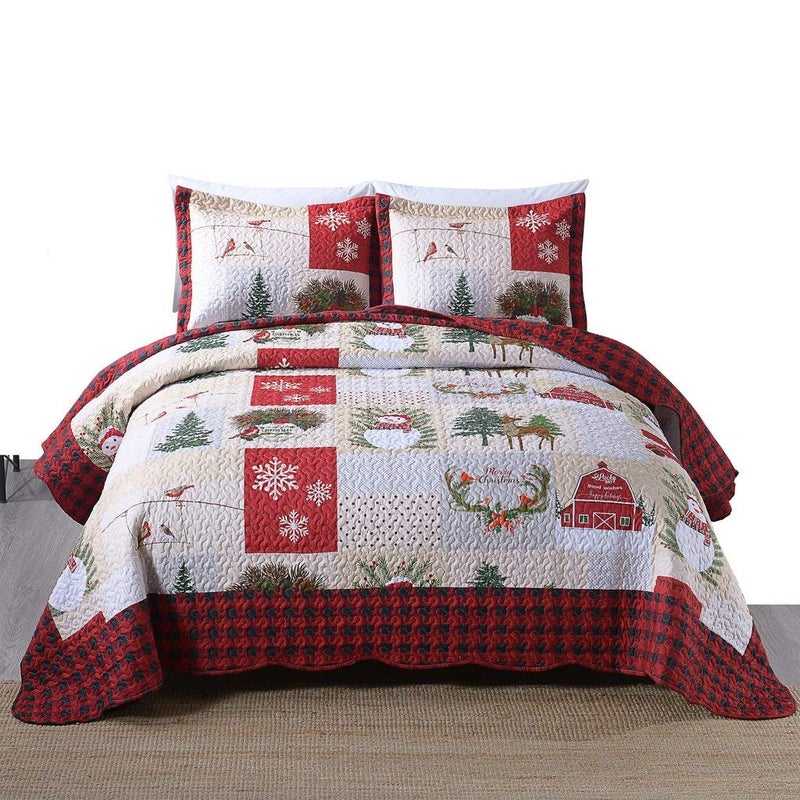 MarCielo 3 Piece Christmas Quilt Set Rustic Lodge Deer Quilt Bedspread Throw Blanket Lightweight Bedspread Coverlet Comforter Set Good Wishes Queen