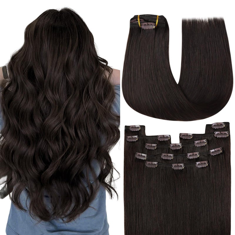 YoungSee Dark Brown Clip in Hair Extensions 20 Inch Natural Human Hair Clip ins Extensions for Full Coverage, Heat Styleable Clip in Human Hair Extensions Darkest Brown for Women 120G 7Pcs - Image 2