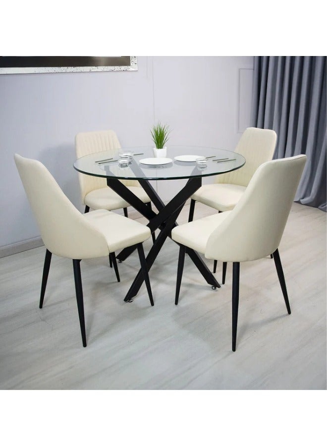 VANITY LIVING Dining Table Set 4 Seater - Davos Round Black with Misano Cream Chairs - Image 1