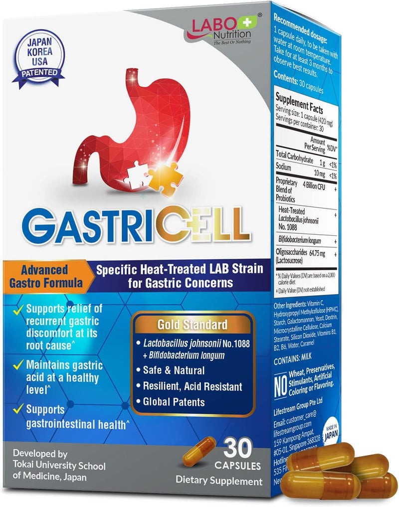 LABO Nutrition GASTRICELL - القضاء على H. Pylori، تخفيف ارتجاع الحمض وحرقة المعدة، تنظيم حمض المعدة، علاج طبيعي، استهداف السبب الجذري لمشاكل المعدة المتكررة، بروبيوتيك
