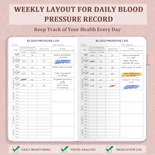 JUBTIC Blood Pressure Log Book: Daily/Weekly Health Journal – Track BP, Pulse, Medications & Symptoms – Hypertension Management Planner for Seniors & Adults – Compact 5.6"x8.5" (140 Pages)-Rose Gold - Image 3