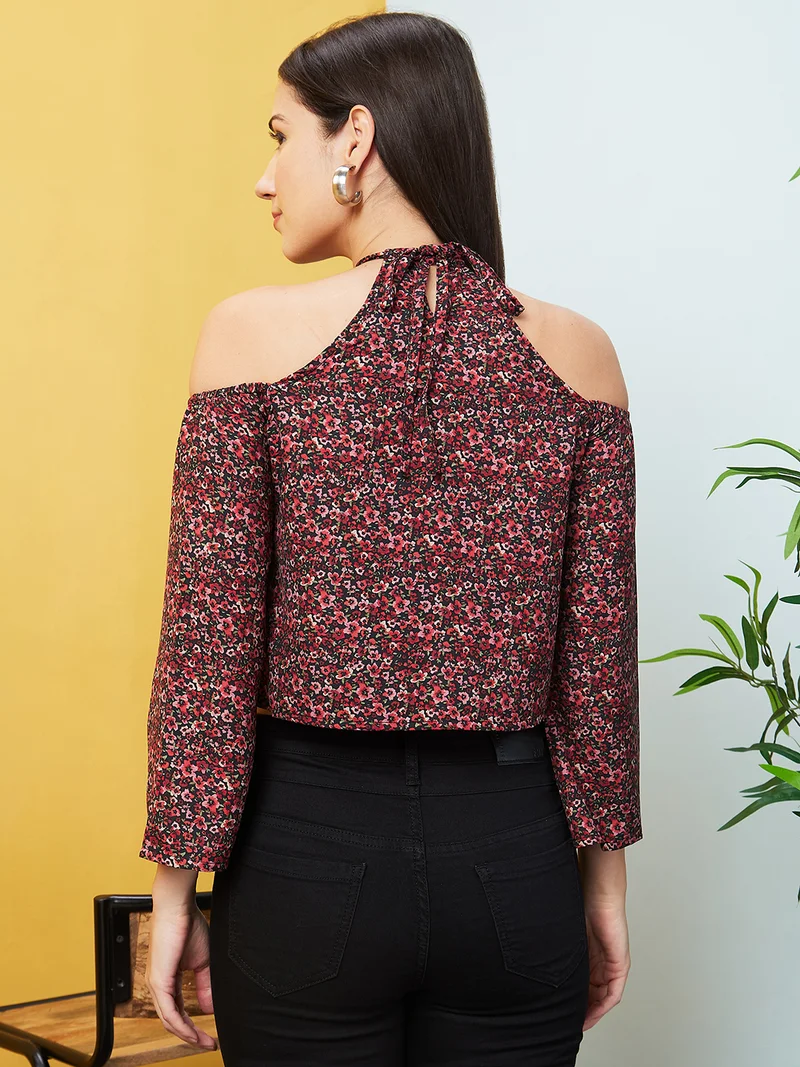 globus Women Red Floral Printed Round Neck Cold-Shoulder Sleeves Crop Top