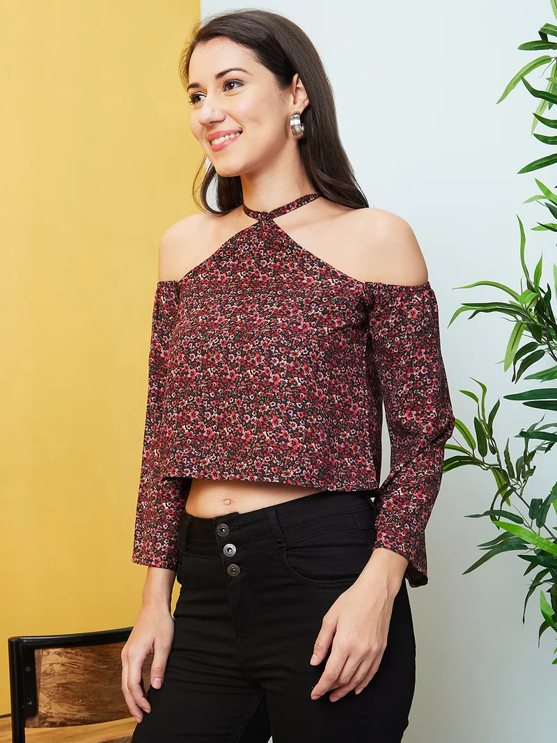 globus Women Red Floral Printed Round Neck Cold-Shoulder Sleeves Crop Top