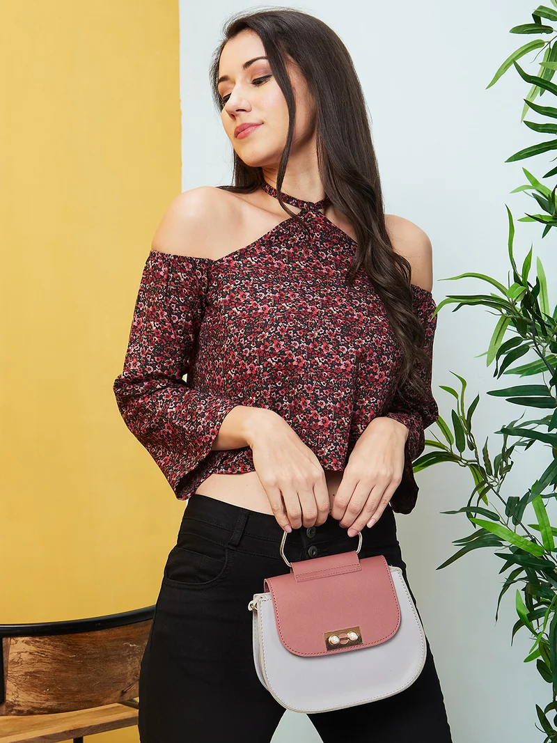 globus Women Red Floral Printed Round Neck Cold-Shoulder Sleeves Crop Top