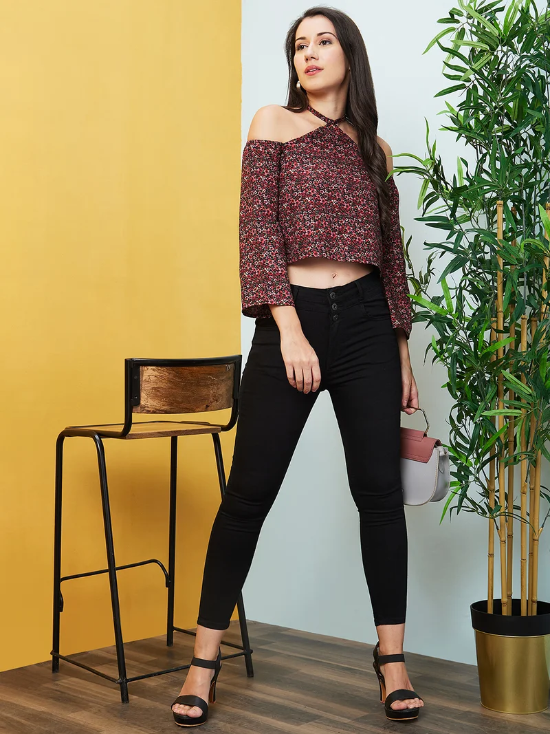 globus Women Red Floral Printed Round Neck Cold-Shoulder Sleeves Crop Top