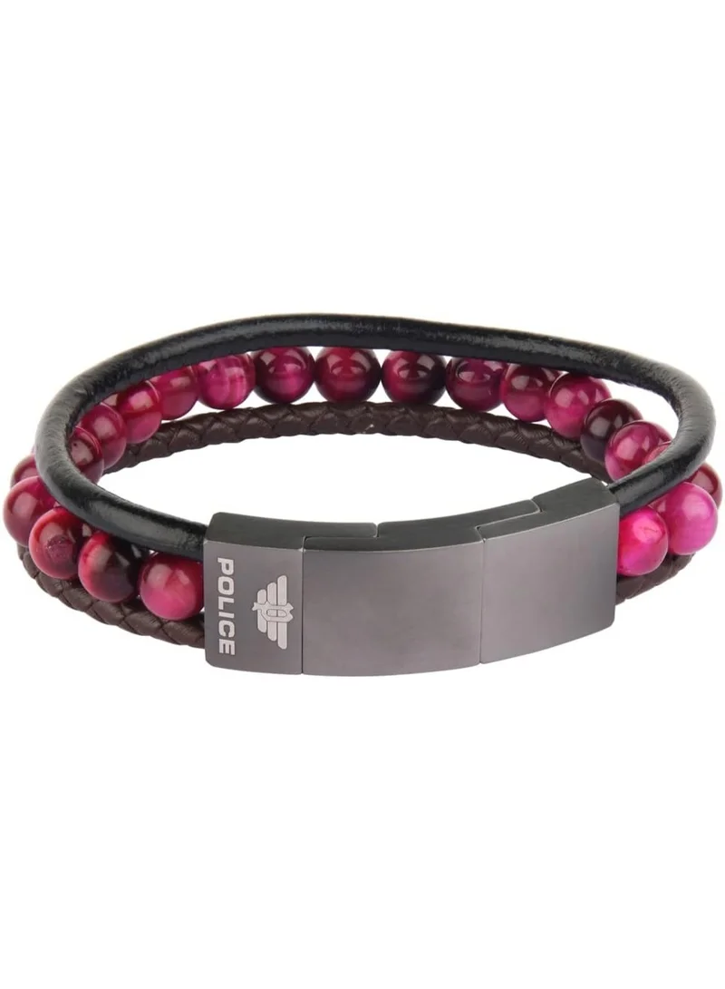 POLICE Meidan Grey Stainless Steel and Black and Brown Leather with Red Beads Bracelet for Men