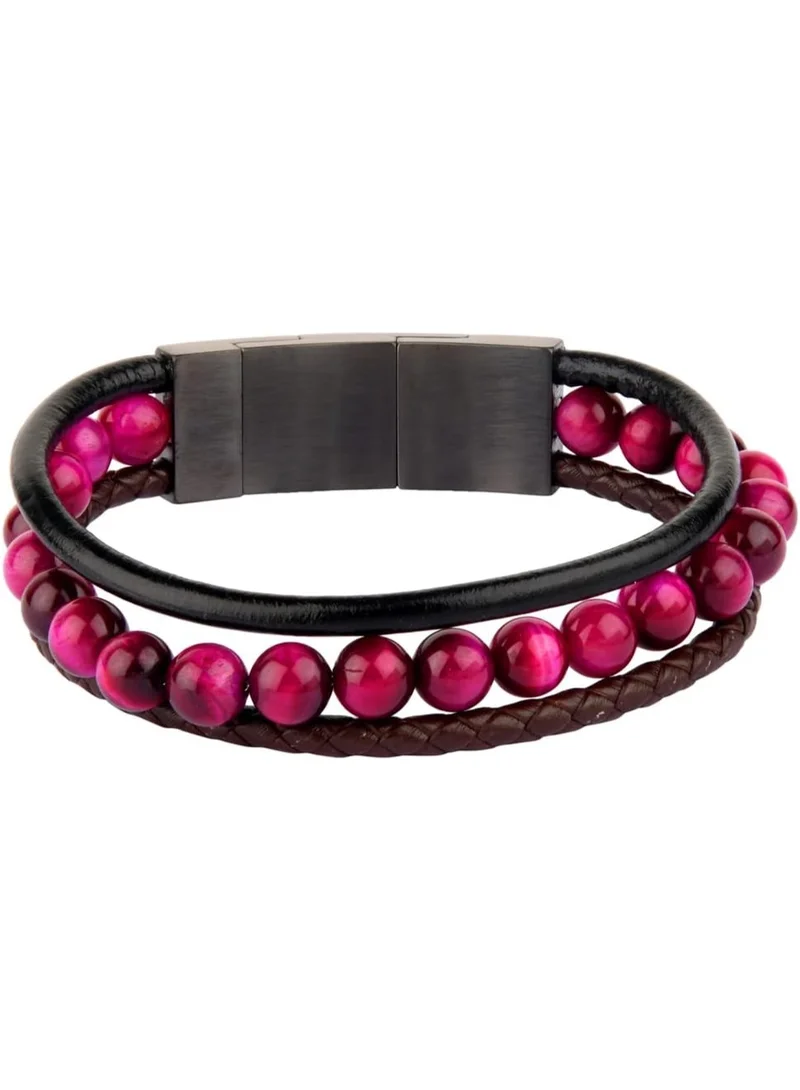 POLICE Meidan Grey Stainless Steel and Black and Brown Leather with Red Beads Bracelet for Men