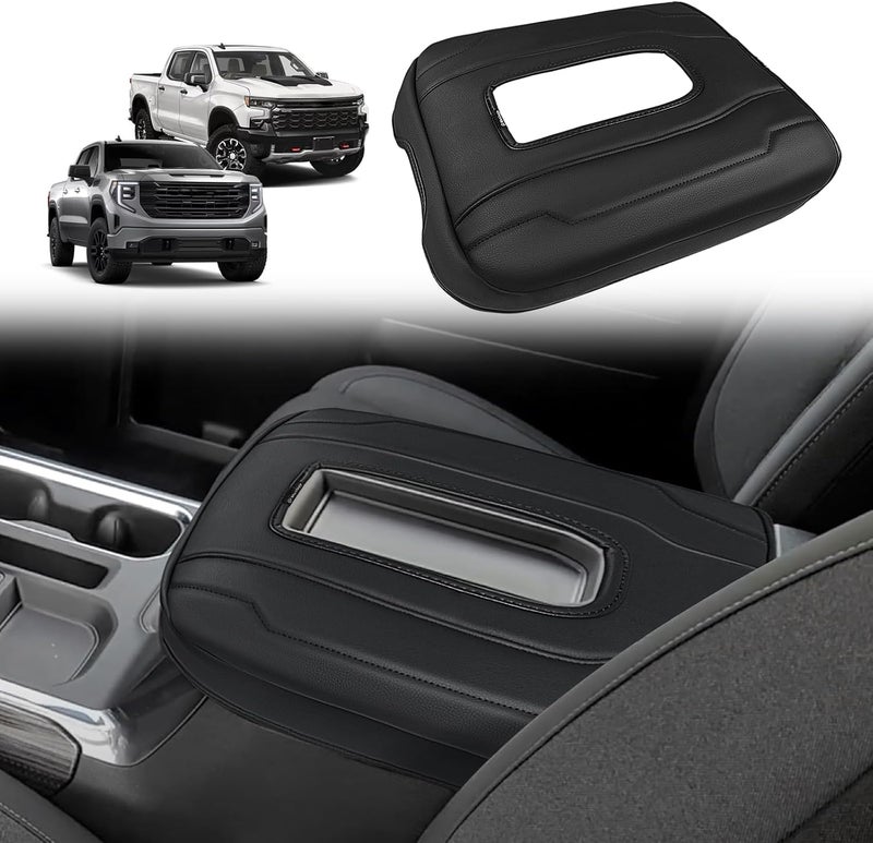 Muslogy غطاء مسند الذراع للكونسول الوسطي مناسب لـ Chevy Silverado وGMC Sierra 1500 2500 3500 2022-2026، إكسسوارات، وسادة مسند ذراع مريحة، وسادة غطاء الكونسول، جلد نباتي، سمك عادي (لمقعد الدلو فقط). - Image 1