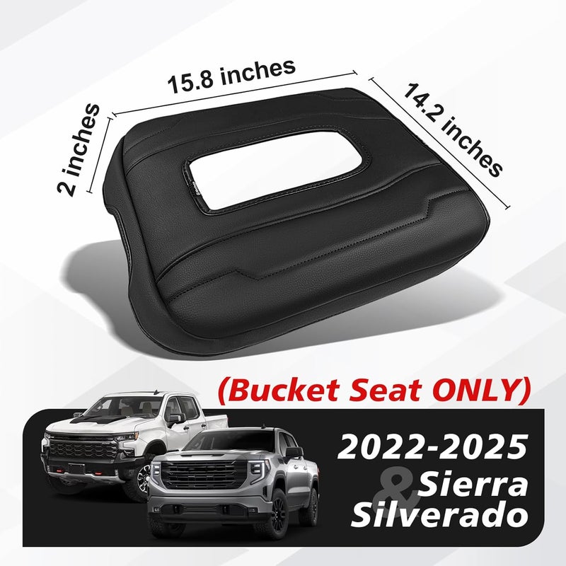 Muslogy غطاء مسند الذراع للكونسول الوسطي مناسب لـ Chevy Silverado وGMC Sierra 1500 2500 3500 2022-2026، إكسسوارات، وسادة مسند ذراع مريحة، وسادة غطاء الكونسول، جلد نباتي، سمك عادي (لمقعد الدلو فقط). - Image 3