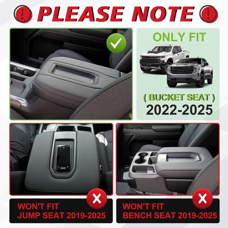 Muslogy غطاء مسند الذراع للكونسول الوسطي مناسب لـ Chevy Silverado وGMC Sierra 1500 2500 3500 2022-2026، إكسسوارات، وسادة مسند ذراع مريحة، وسادة غطاء الكونسول، جلد نباتي، سمك عادي (لمقعد الدلو فقط). - Image 2