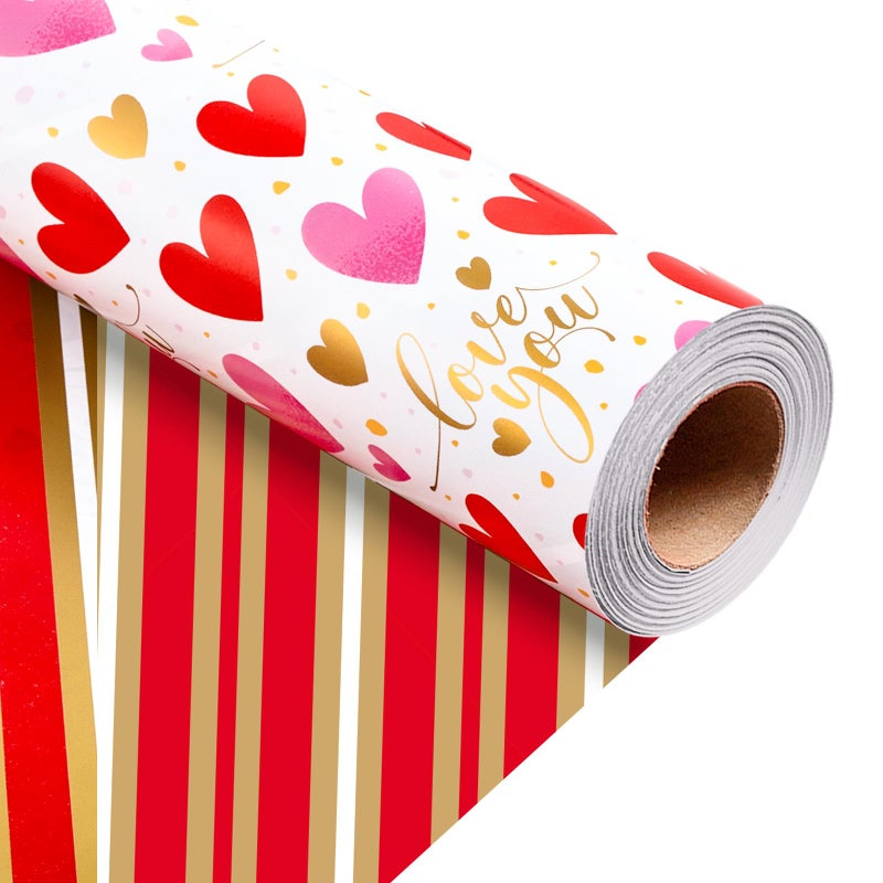 Merture Valentine's Day Reversible Wrapping Paper Roll - 17 Inch x 33 Feet - Pink and Red Hearts, Gold Foil Love You Text Design for Valentine's Day, Wedding, Anniversary, Birthday, Baby Shower - Image 2