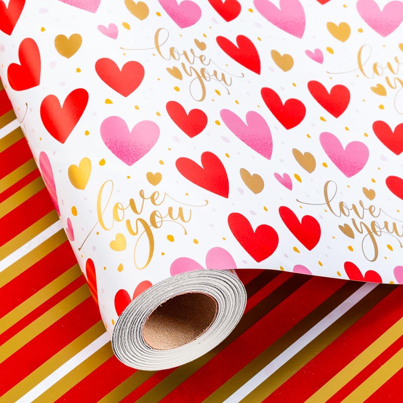 Merture Valentine's Day Reversible Wrapping Paper Roll - 17 Inch x 33 Feet - Pink and Red Hearts, Gold Foil Love You Text Design for Valentine's Day, Wedding, Anniversary, Birthday, Baby Shower - Image 1