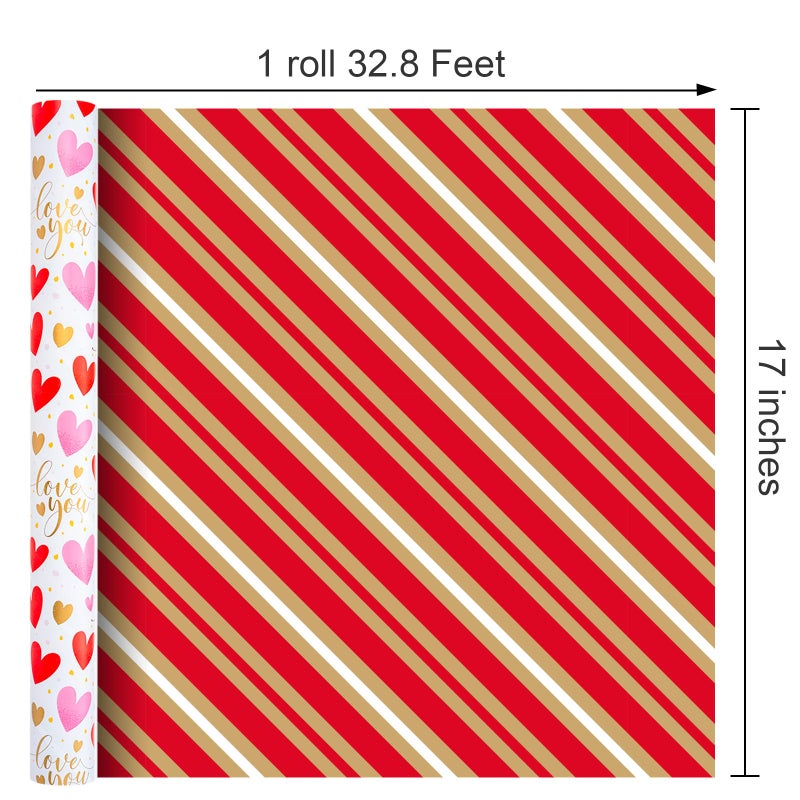 Merture Valentine's Day Reversible Wrapping Paper Roll - 17 Inch x 33 Feet - Pink and Red Hearts, Gold Foil Love You Text Design for Valentine's Day, Wedding, Anniversary, Birthday, Baby Shower - Image 3