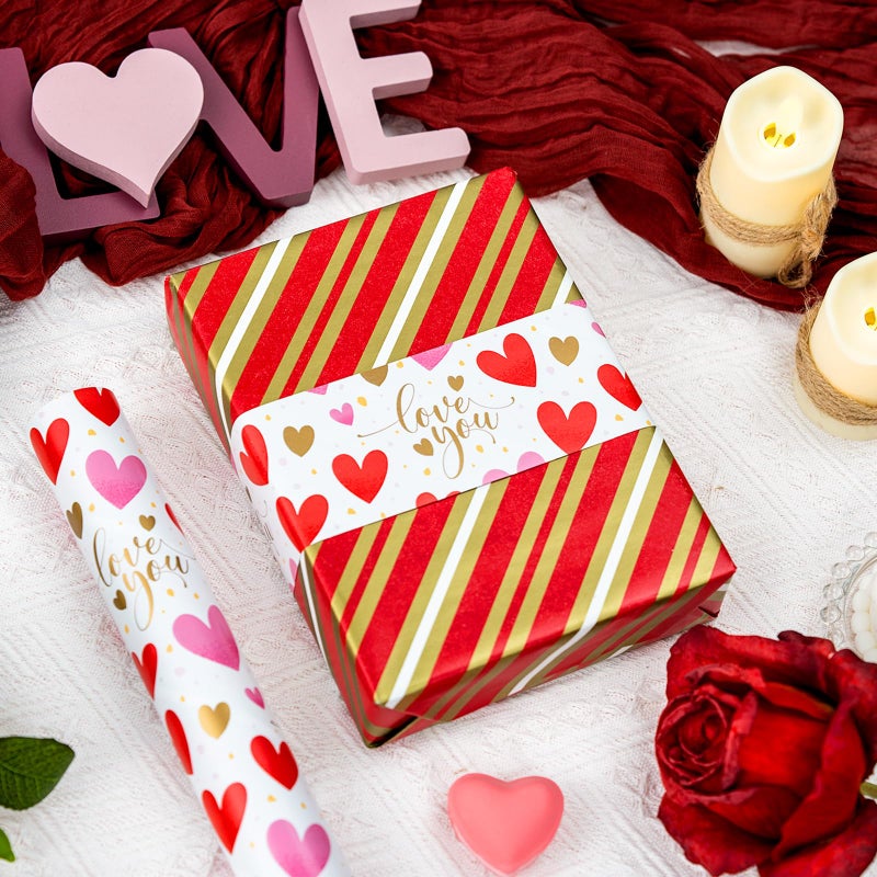 Merture Valentine's Day Reversible Wrapping Paper Roll - 17 Inch x 33 Feet - Pink and Red Hearts, Gold Foil Love You Text Design for Valentine's Day, Wedding, Anniversary, Birthday, Baby Shower - Image 5