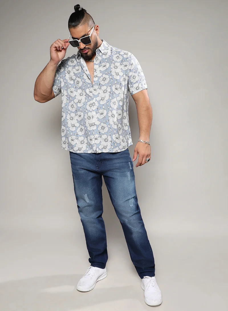 Instafab Plus Instafab Plus Men's Icy Blue Botanical Print Shirt For Casual Wear | Spread Collar | Short Sleeve | Button Closure | Heavy Rayon Shirts Crafted With Comfort Fit For Everyday Wear