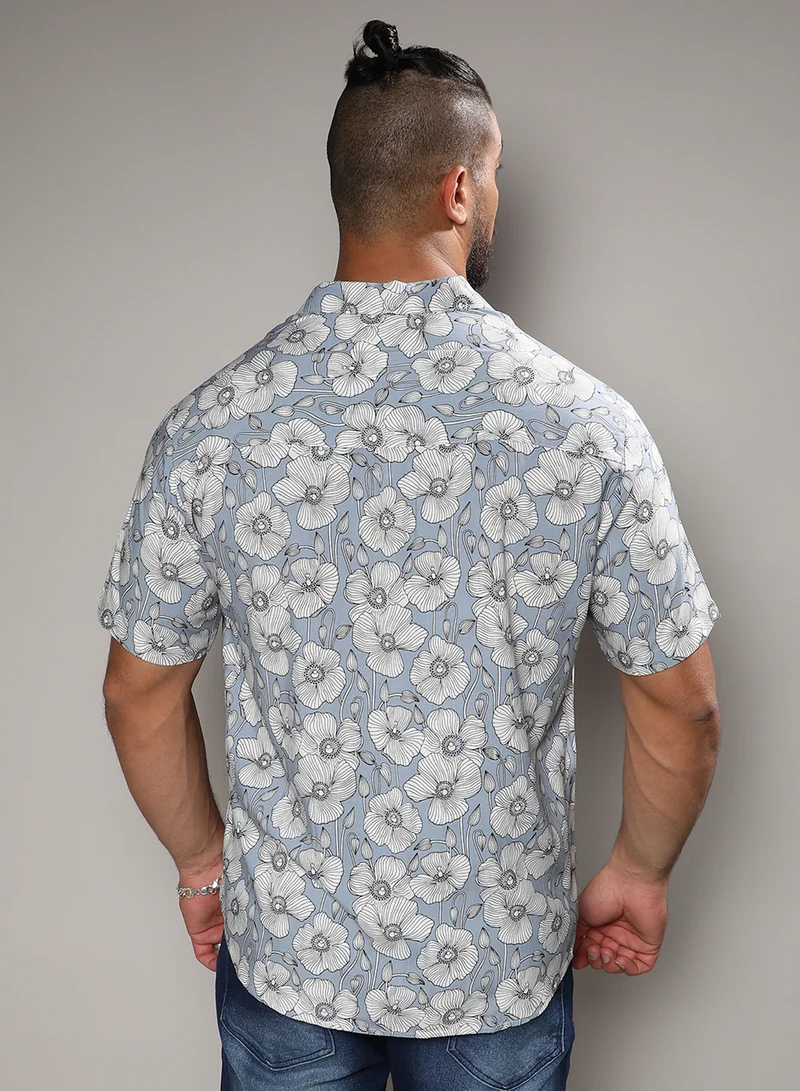Instafab Plus Instafab Plus Men's Icy Blue Botanical Print Shirt For Casual Wear | Spread Collar | Short Sleeve | Button Closure | Heavy Rayon Shirts Crafted With Comfort Fit For Everyday Wear