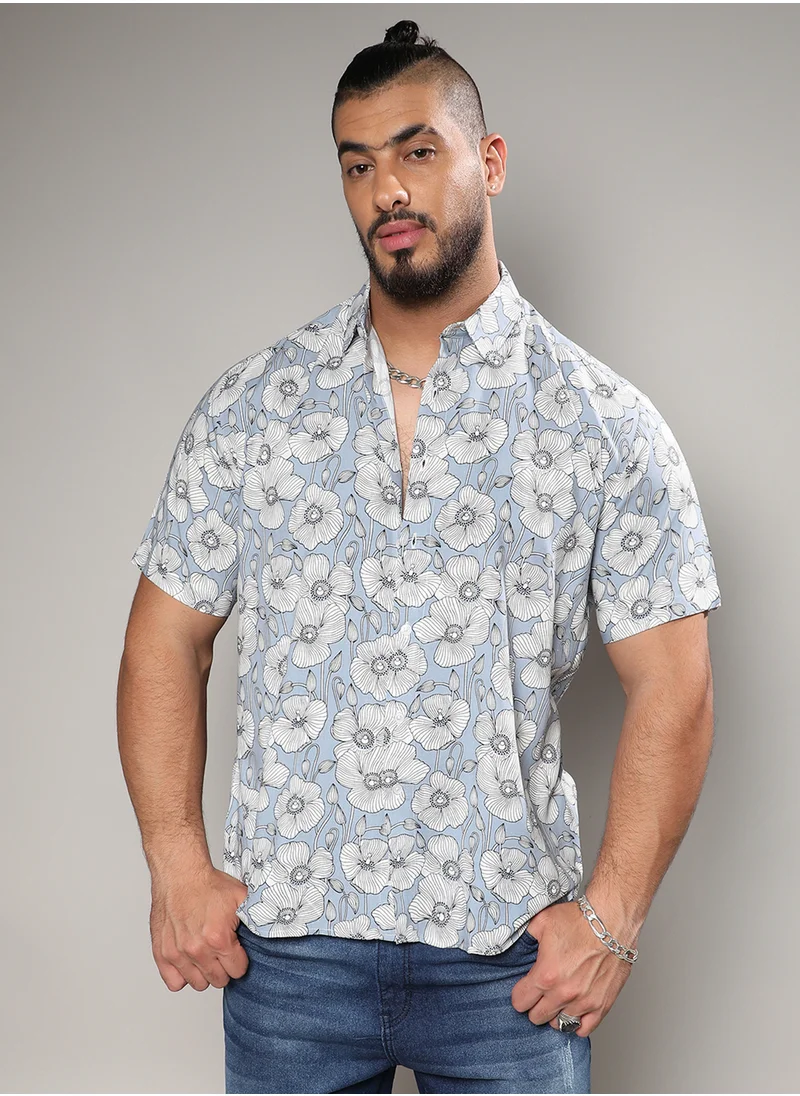 Instafab Plus Instafab Plus Men's Icy Blue Botanical Print Shirt For Casual Wear | Spread Collar | Short Sleeve | Button Closure | Heavy Rayon Shirts Crafted With Comfort Fit For Everyday Wear