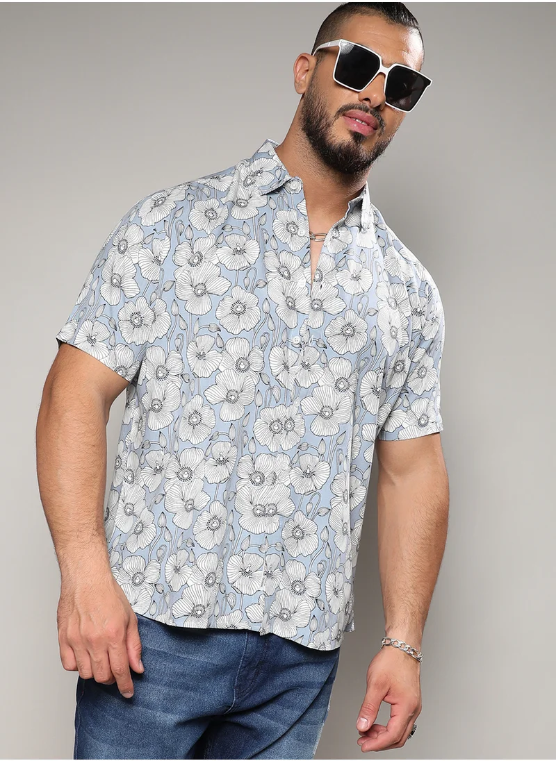 Instafab Plus Instafab Plus Men's Icy Blue Botanical Print Shirt For Casual Wear | Spread Collar | Short Sleeve | Button Closure | Heavy Rayon Shirts Crafted With Comfort Fit For Everyday Wear