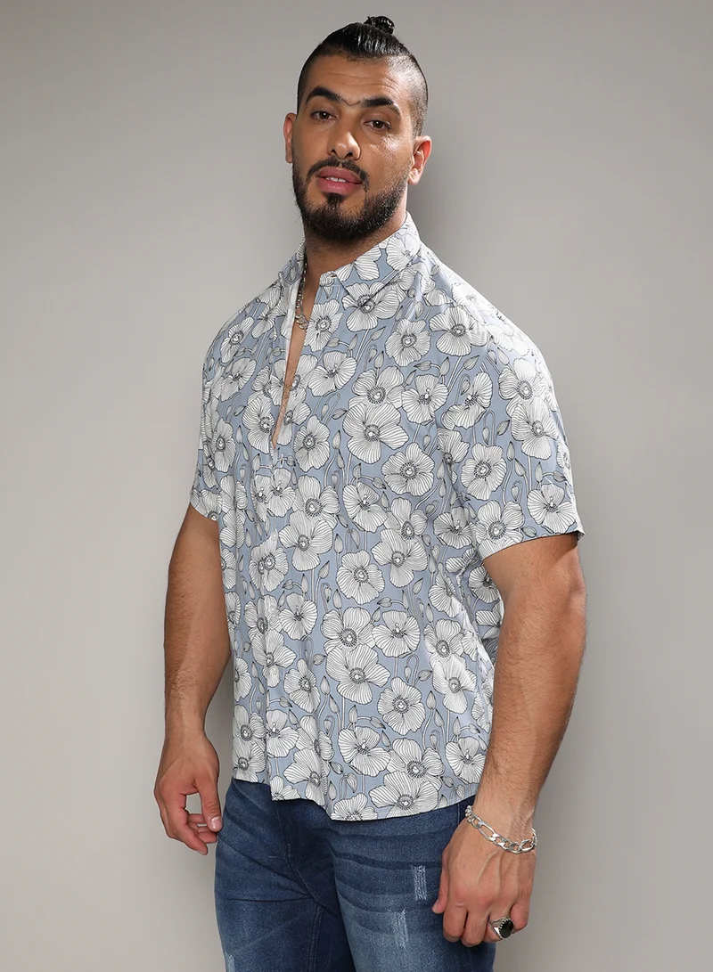 Instafab Plus Instafab Plus Men's Icy Blue Botanical Print Shirt For Casual Wear | Spread Collar | Short Sleeve | Button Closure | Heavy Rayon Shirts Crafted With Comfort Fit For Everyday Wear