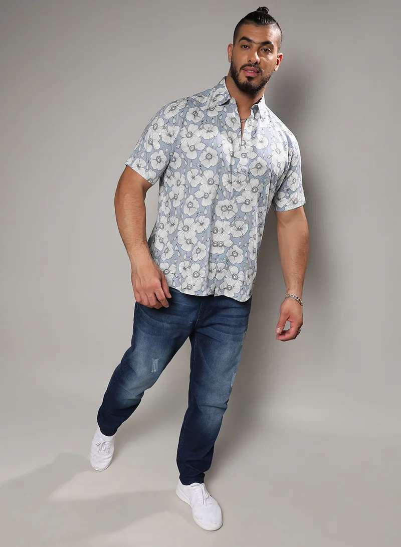 Instafab Plus Instafab Plus Men's Icy Blue Botanical Print Shirt For Casual Wear | Spread Collar | Short Sleeve | Button Closure | Heavy Rayon Shirts Crafted With Comfort Fit For Everyday Wear
