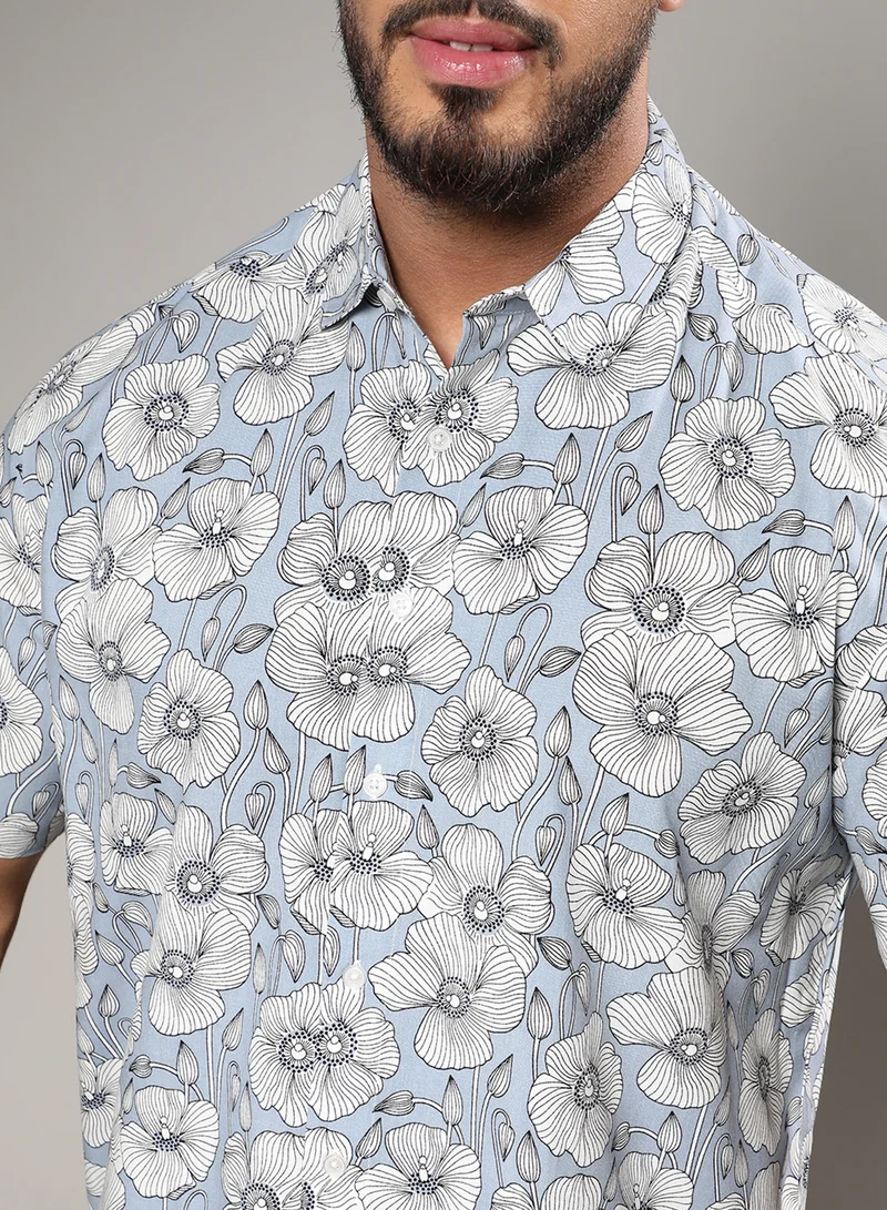 Instafab Plus Instafab Plus Men's Icy Blue Botanical Print Shirt For Casual Wear | Spread Collar | Short Sleeve | Button Closure | Heavy Rayon Shirts Crafted With Comfort Fit For Everyday Wear
