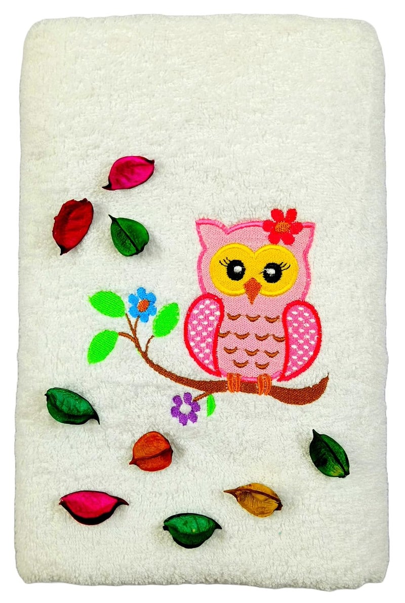 TurtleLittle, Cotton, Baby Girl Owl, Embroidered Kids Girls Bath Towel, 500 GSM (Set of 1, White) - Image 1