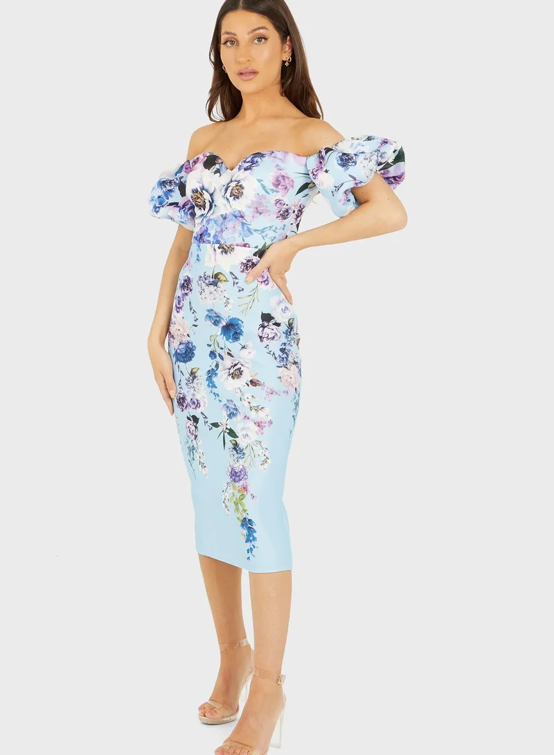QUIZ Bardot Floral Print Ruffle Detail Dress