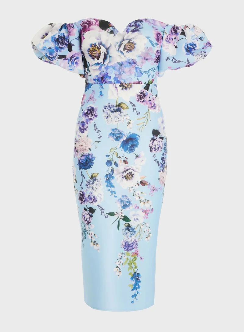 QUIZ Bardot Floral Print Ruffle Detail Dress