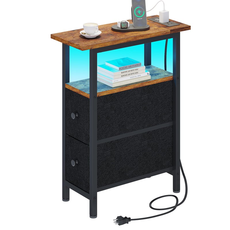 TRIFEBLE End Table with Charging Station, Narrow Side Table with 2 Fabric Drawers, Skinny Nightstand with LED Light, Slim Bedside Table for Bedroom, Living Room, Small Spaces, Rustic Brown and Black - Image 1