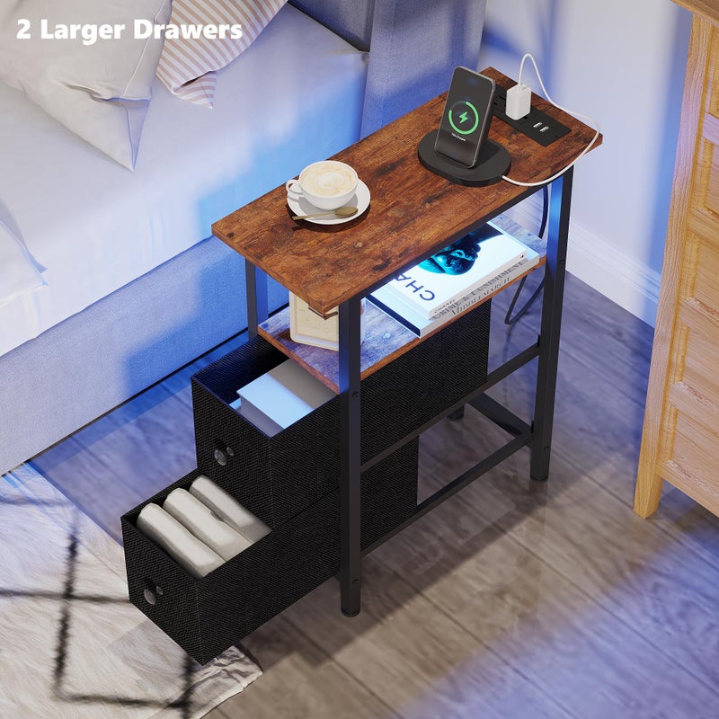 TRIFEBLE End Table with Charging Station, Narrow Side Table with 2 Fabric Drawers, Skinny Nightstand with LED Light, Slim Bedside Table for Bedroom, Living Room, Small Spaces, Rustic Brown and Black - Image 5