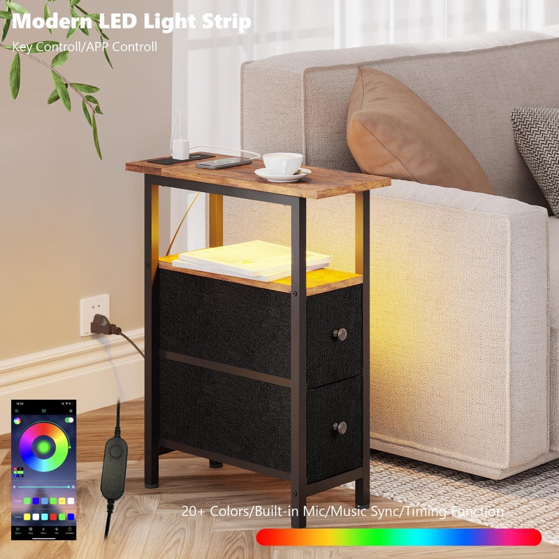 TRIFEBLE End Table with Charging Station, Narrow Side Table with 2 Fabric Drawers, Skinny Nightstand with LED Light, Slim Bedside Table for Bedroom, Living Room, Small Spaces, Rustic Brown and Black - Image 3