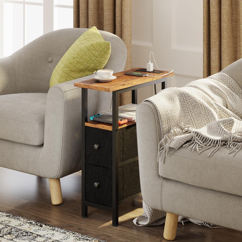 TRIFEBLE End Table with Charging Station, Narrow Side Table with 2 Fabric Drawers, Skinny Nightstand with LED Light, Slim Bedside Table for Bedroom, Living Room, Small Spaces, Rustic Brown and Black - Image 2